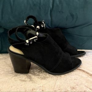 CIRCUS by Sam Edelman Peep-Toe Black Booties with Ankle Strap, women’s 8.5